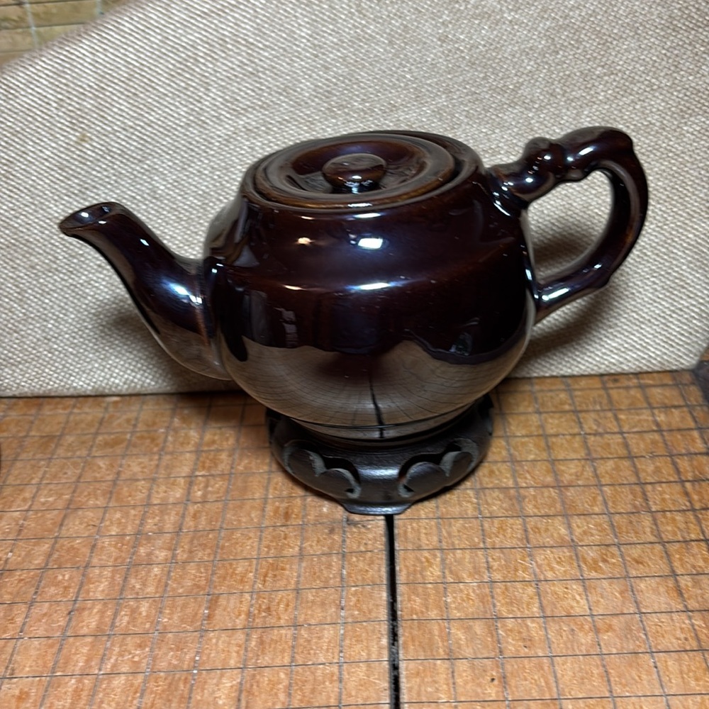 Occupied Japan Teapot Brown Betty Type Dark Brown Ceramic 6.5”Lx3”Hx3.5”D